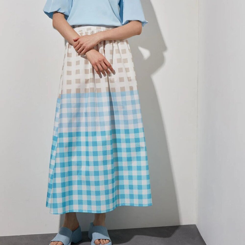 Ming Wang Cotton Gingham Maxi A Line Skirt Cottagecore Beige Blue - NWT - Small